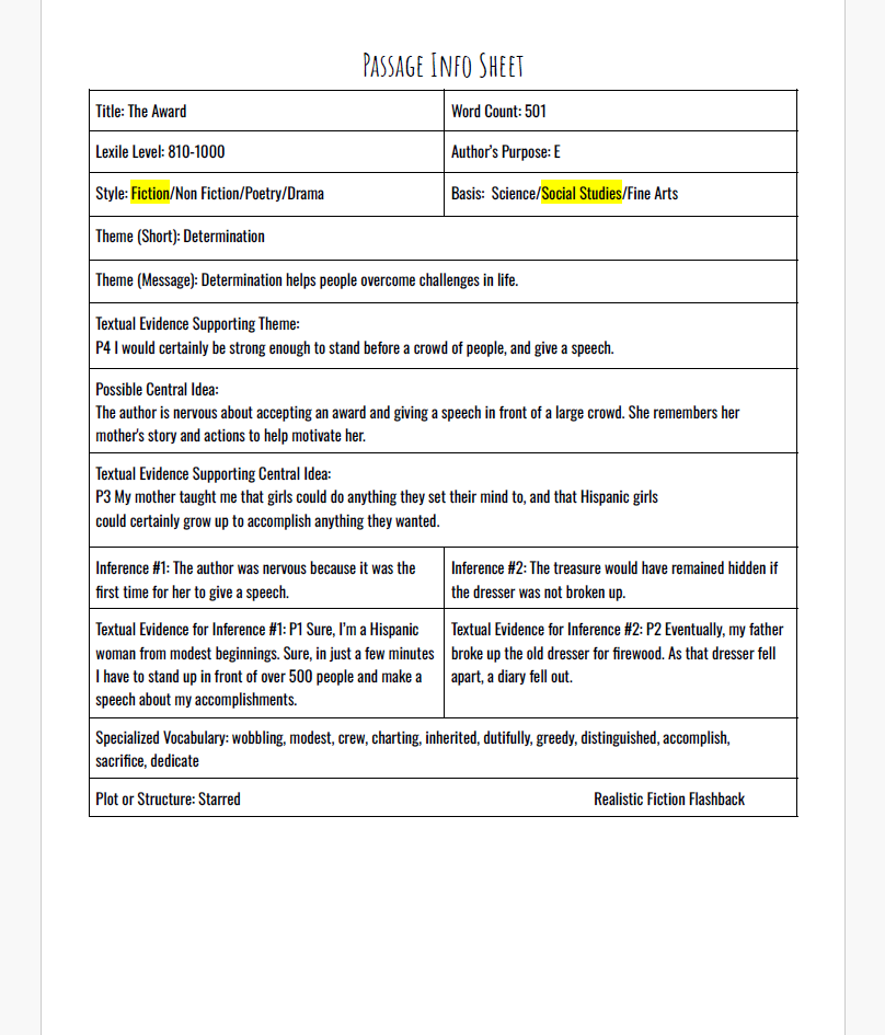 Practice Passage:  Fiction - 3Rd Grade The Award | Spanish