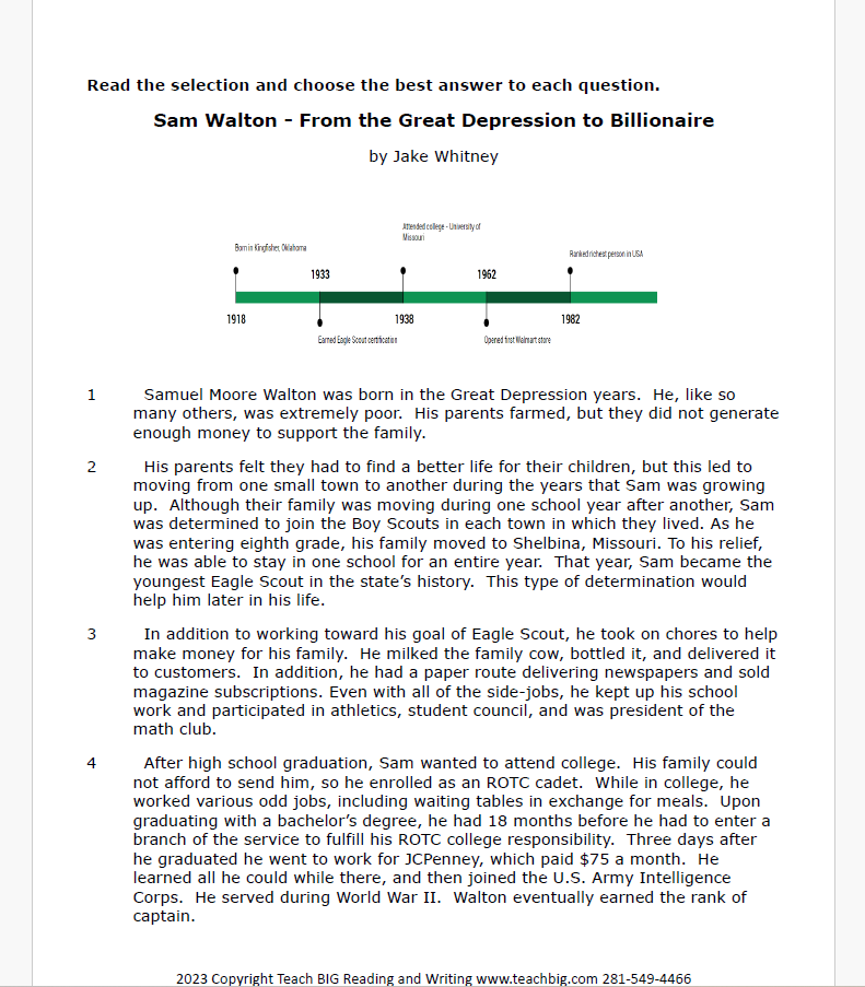 Practice Passage:  Nonfiction - 3Rd Grade Sam Walton-From The Great Depression To Billionaire