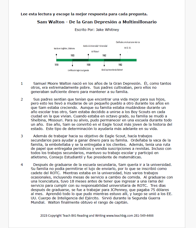 Practice Passage: Nonfiction 4Th Grade- Sam Walton | Spanish