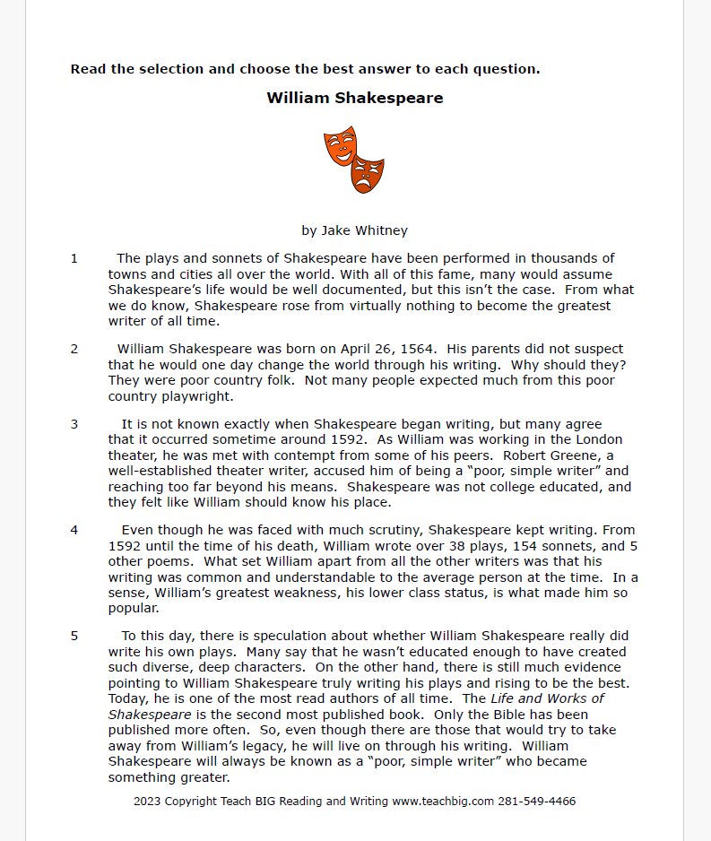 Practice Passage:  Set 1 - 5Th Grade