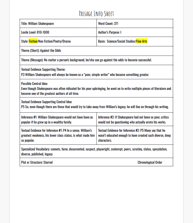 Practice Passage:  Fiction - 3Rd Grade William Shakespeare