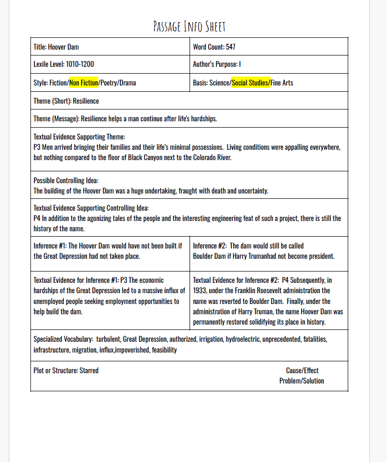 Practice Passage:  Non Fiction 6Th Grade Hoover Dam