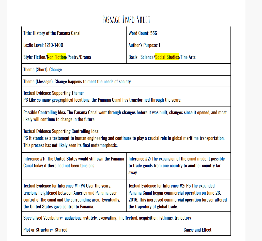 Practice Passage:  Non Fiction 6Th Grade History Of The Panama Canal