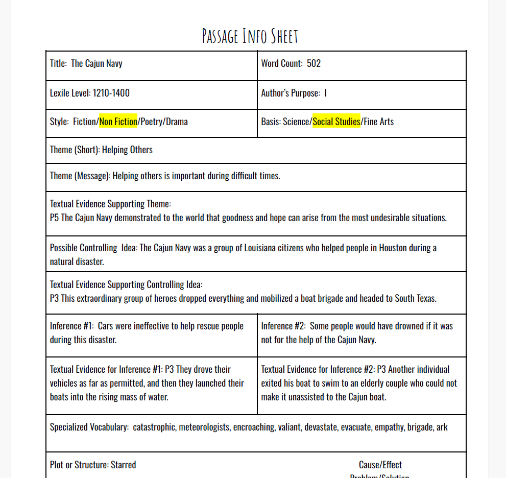 Practice Passage:  Bundle 6Th Grade