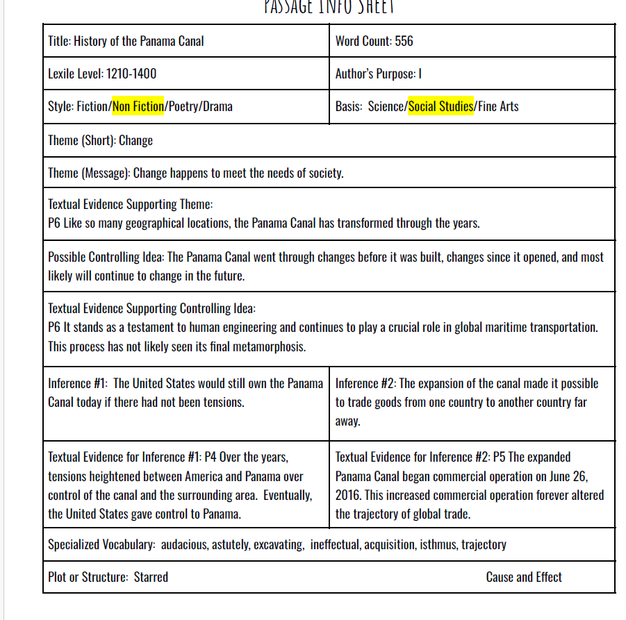 Practice Passage:  Bundle 6Th Grade