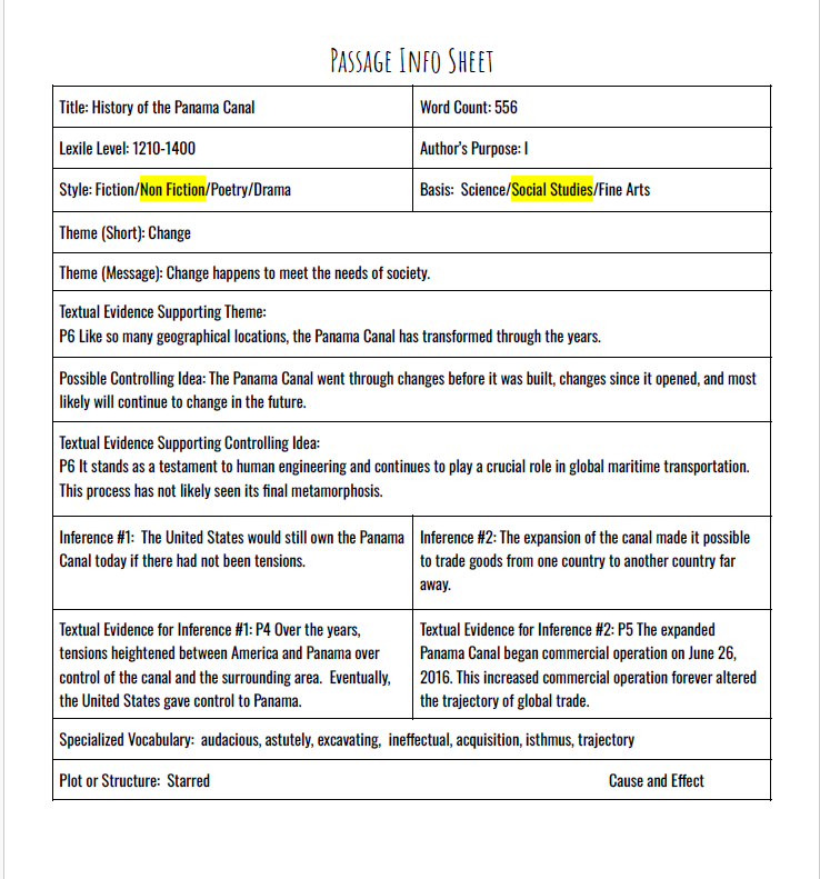 Practice Passage:  Non Fiction 7Th Grade History Of The Panama Canal