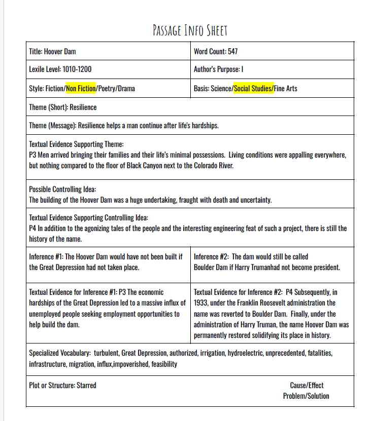 Practice Passage: Non Fiction 7Th Grade Hoover Dam