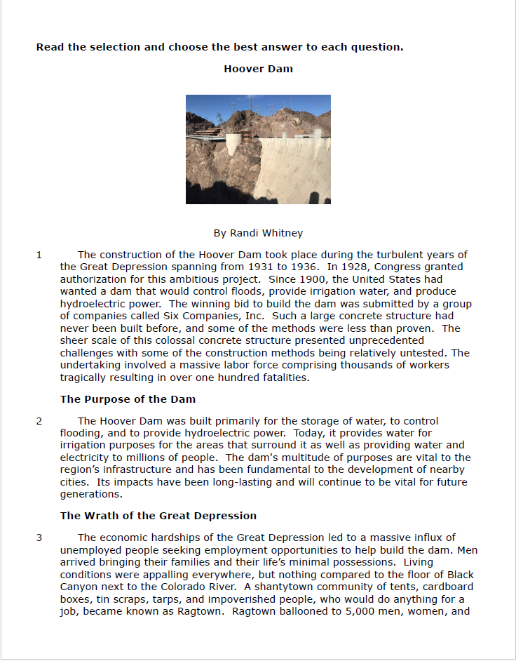 Practice Passage: Non Fiction 7Th Grade Hoover Dam