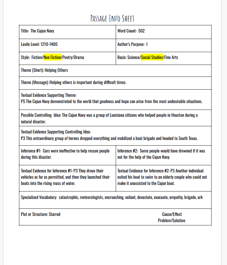 Practice Passage:  Non Fiction 7Th Grade The Cajun Navy