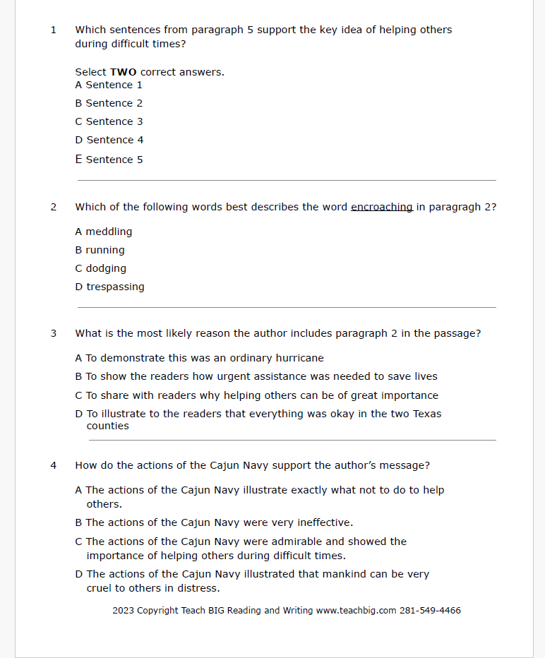 Practice Passage:  Non Fiction 7Th Grade The Cajun Navy