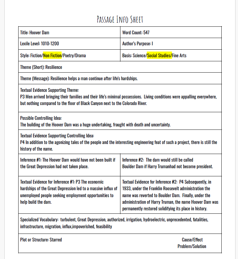 Practice Passage:  Set 1- 7Th Grade Bundled