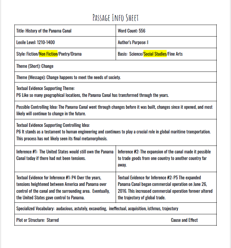 Practice Passage:  Non Fiction 8Th Grade History Of The Panama Canal