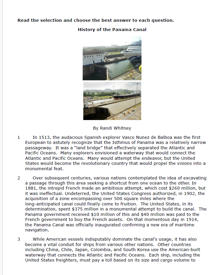 Practice Passage:  Non Fiction 8Th Grade History Of The Panama Canal