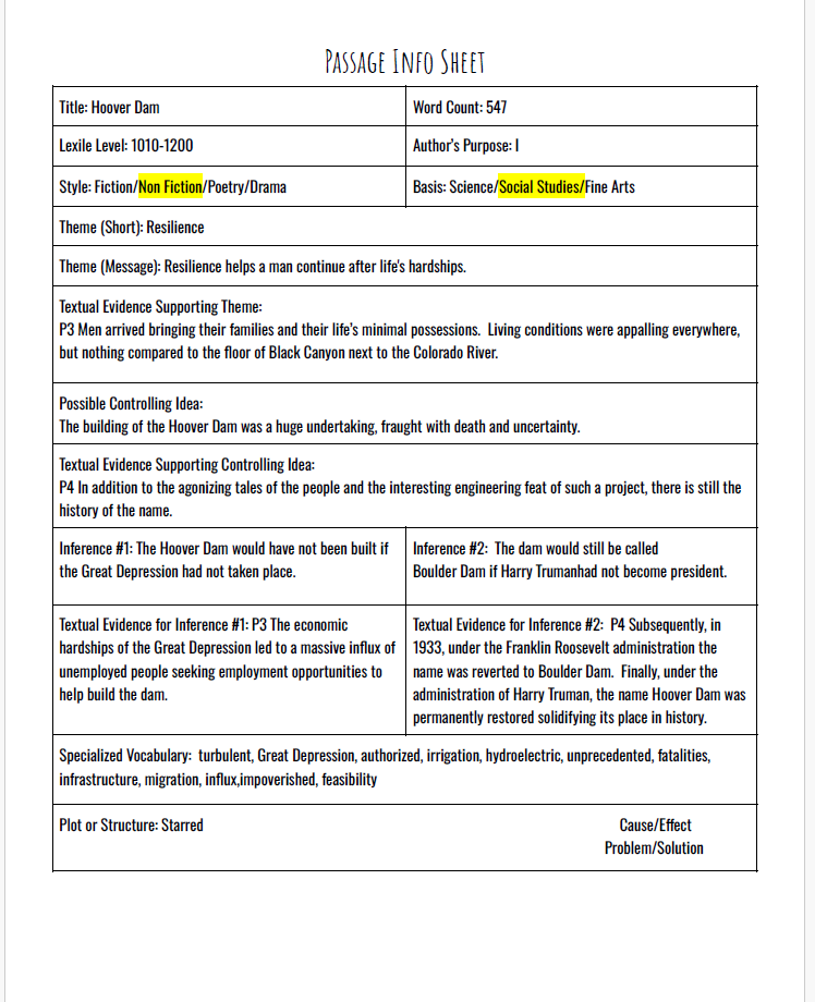 Practice Passage:  Non Fiction 8Th Grade Hoover Dam