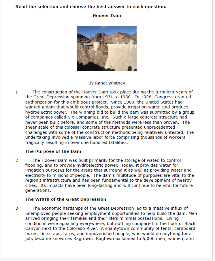 Practice Passage:  Non Fiction 8Th Grade Hoover Dam