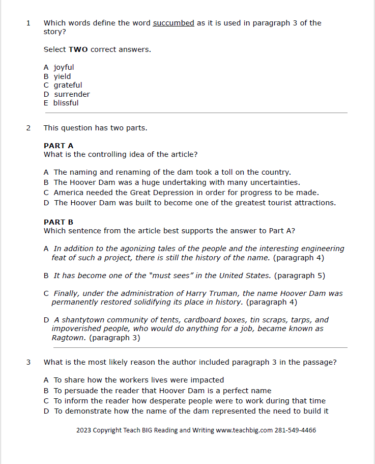 Practice Passage:  Non Fiction 8Th Grade Hoover Dam