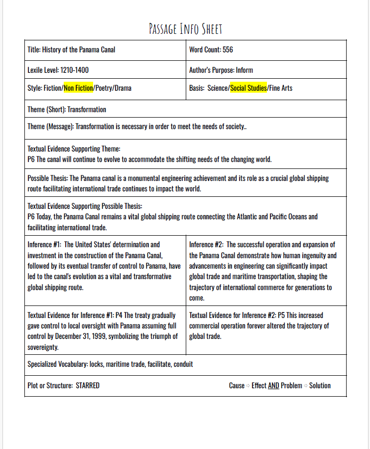 Practice Passage: Non Fiction 9Th Grade History Of The Panama Canal