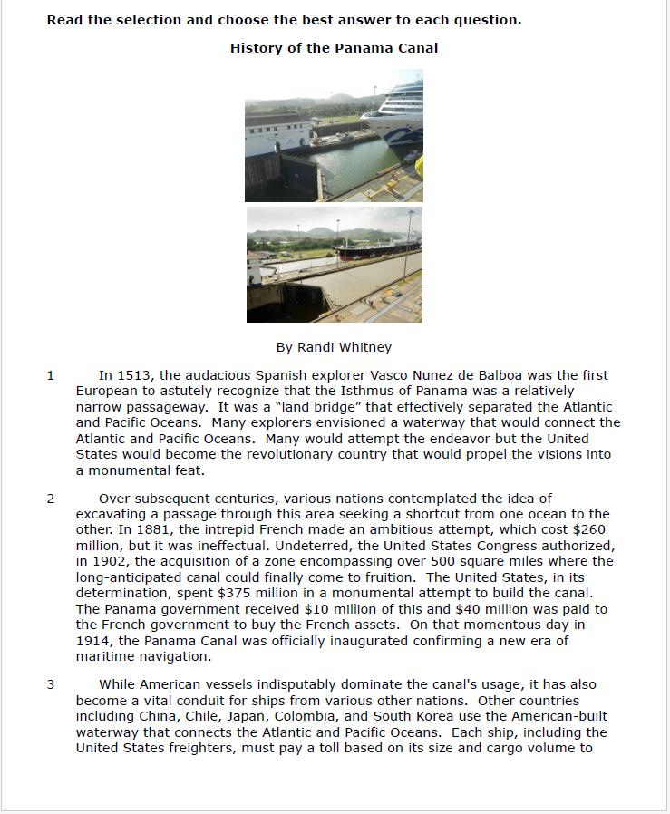 Practice Passage: Non Fiction 9Th Grade History Of The Panama Canal