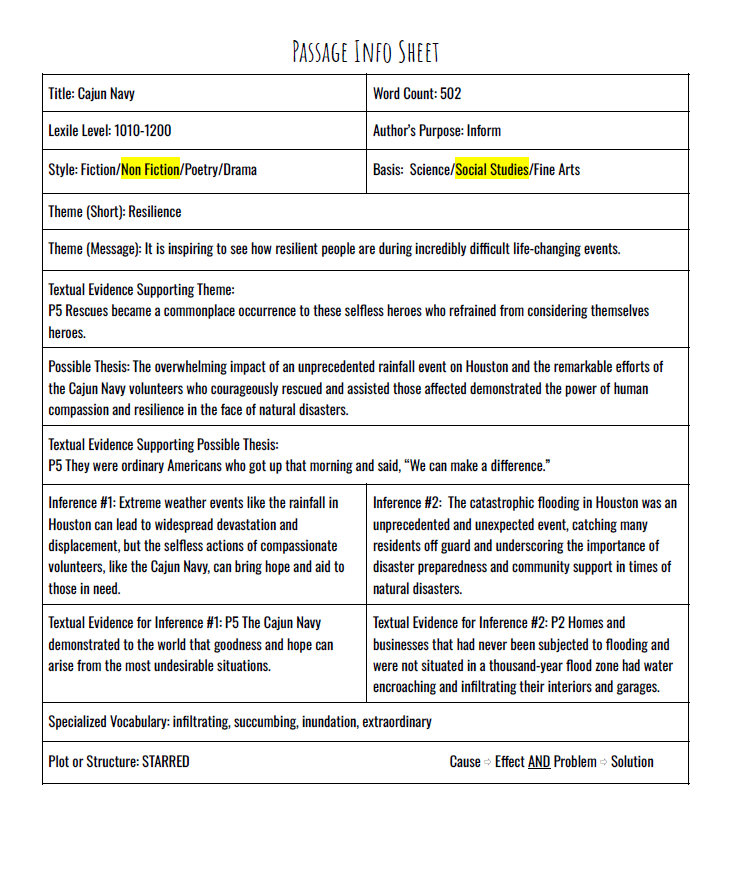 Practice Passage:  Non Fiction 9Th Grade The Cajun Navy