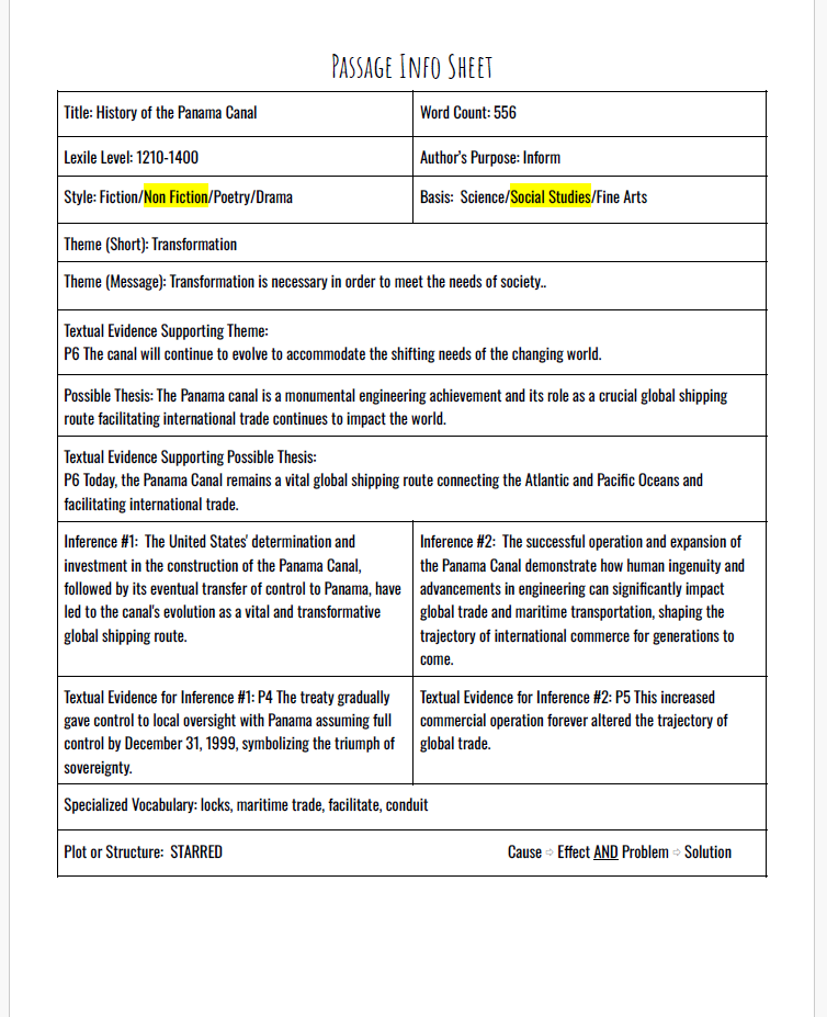 Practice Passage:  Non Fiction 10Th Grade History Of The Panama Canal