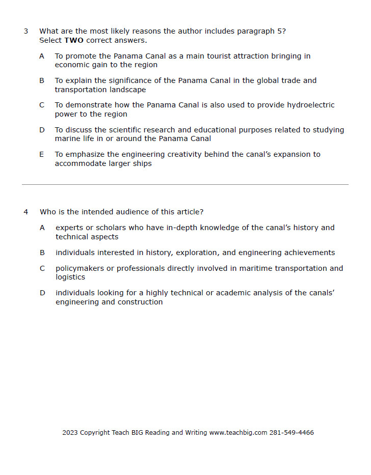 Practice Passage:  Non Fiction 10Th Grade History Of The Panama Canal