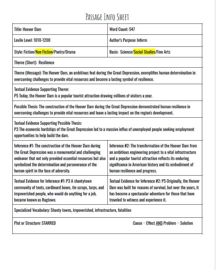 Practice Passage:  Non Fiction 10Th Grade Hoover Dam