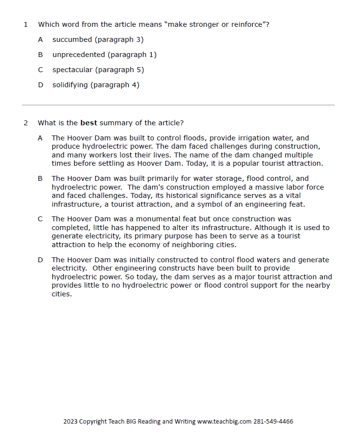 Practice Passage:  Non Fiction 10Th Grade Hoover Dam