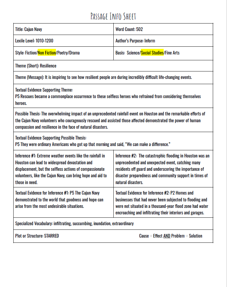 Practice Passage:  Non Fiction 10Th Grade The Cajun Navy