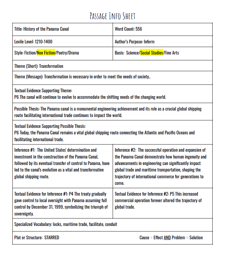 Practice Passage:  Bundle 10Th Grade