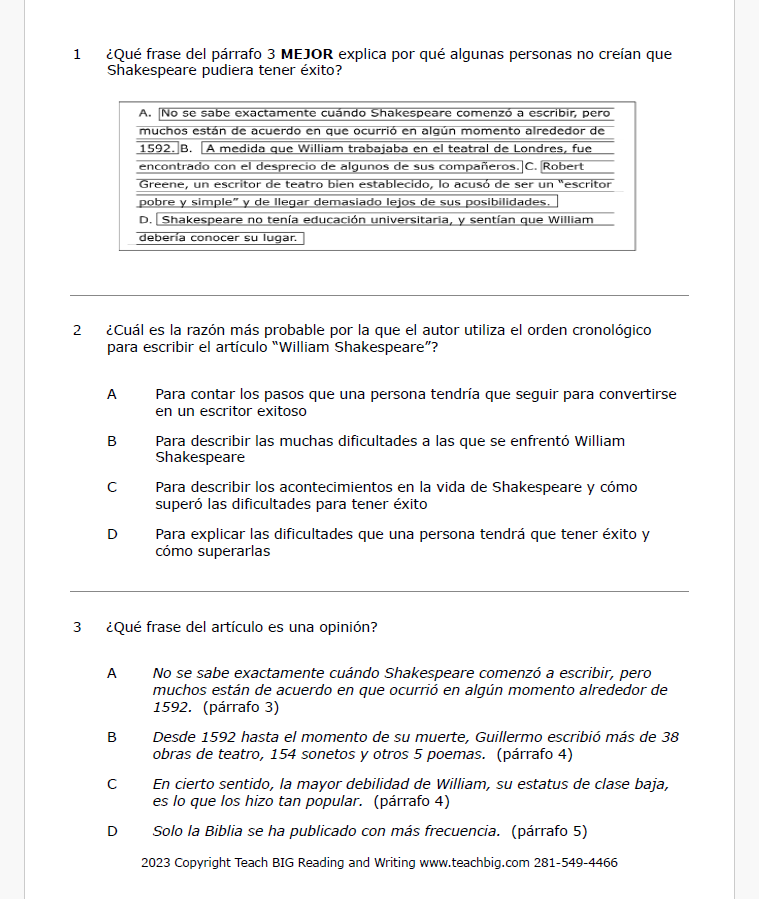 Practice Passage: Set 1 - 3Rd Grade | Spanish