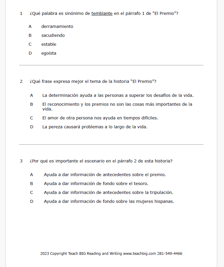 Practice Passage: Set 1 - 3Rd Grade | Spanish