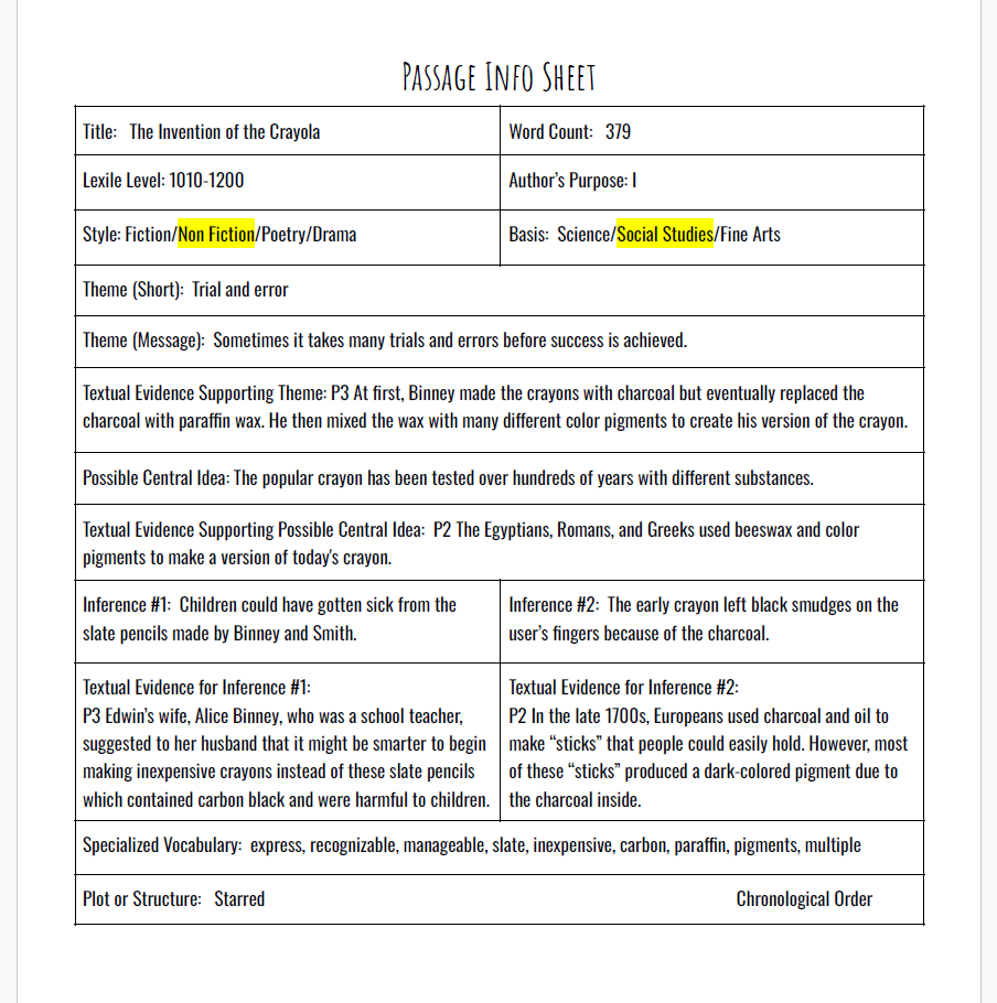 Practice Passage: Nonfiction – 3Rd Grade Invention Of The Crayola