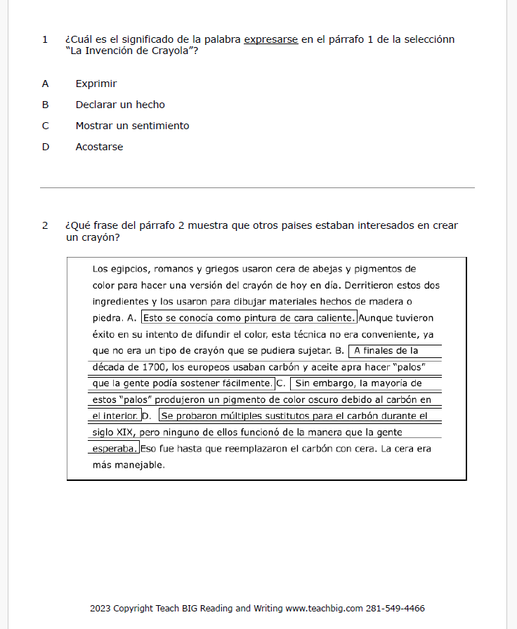 Practice Passage: Nonfiction – 3Rd Grade The Invention Of The Crayola | Spanish