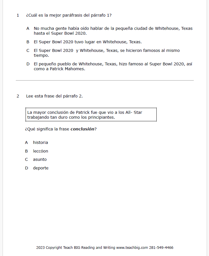 Practice Passage: Set 2 - 3Rd Grade | Spanish