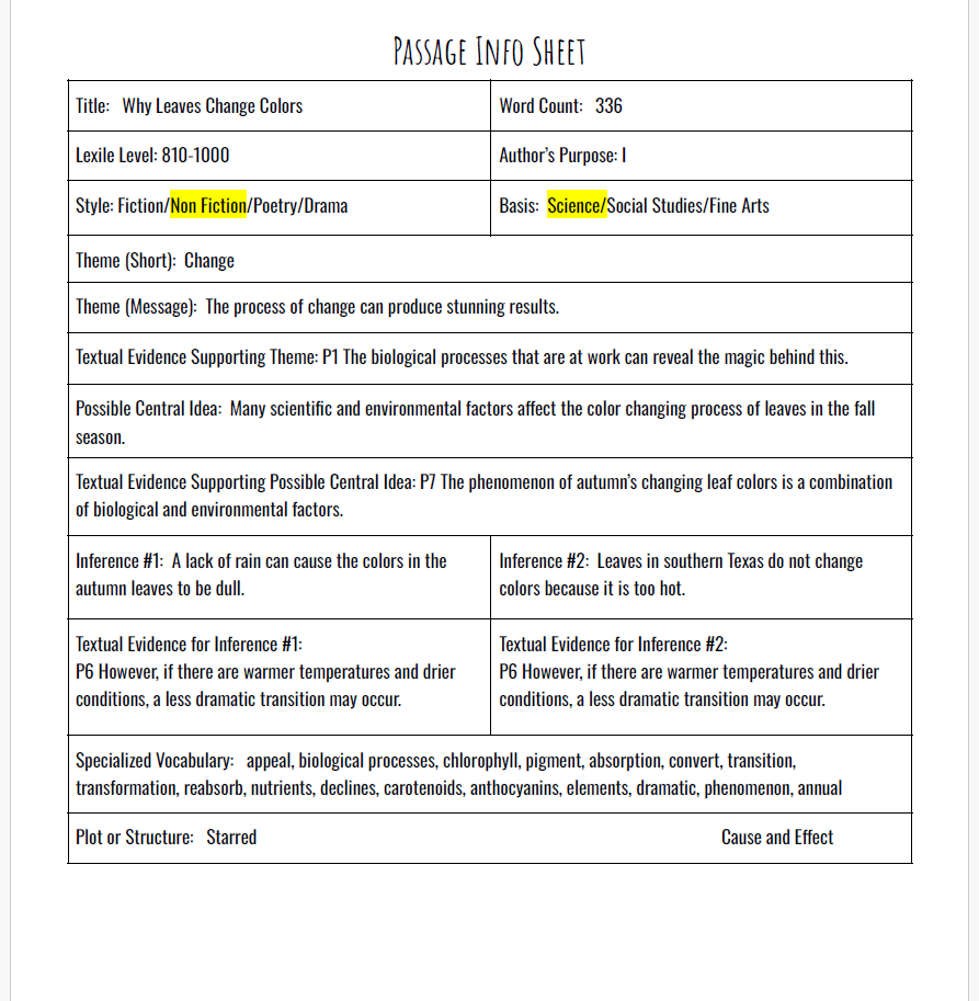 Practice Passage: Nonfiction – 3Rd Grade Why Leaves Change Colors