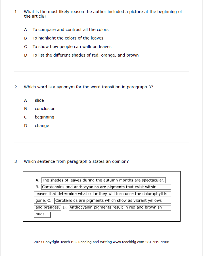 Practice Passage: Nonfiction – 3Rd Grade Why Leaves Change Colors