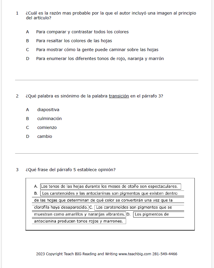 Practice Passage: Nonfiction – 3Rd Grade Why Leaves Change Colors | Spanish