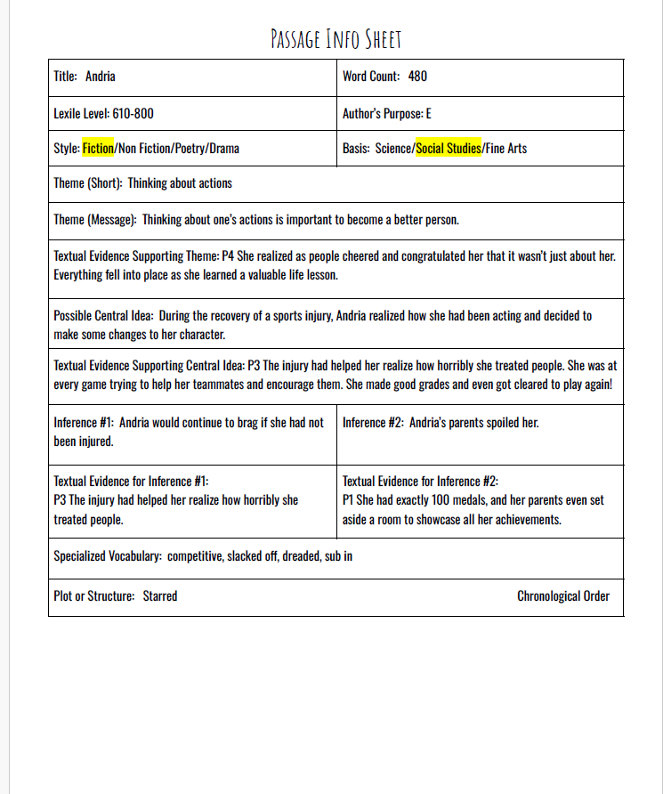 Practice Passage: Fiction-3Rd Grade-Andria