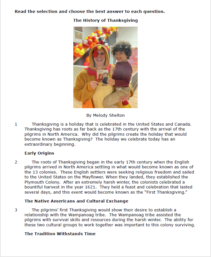 Practice Passage: Non Fiction-3Rd Grade-The History Of Thanksgiving