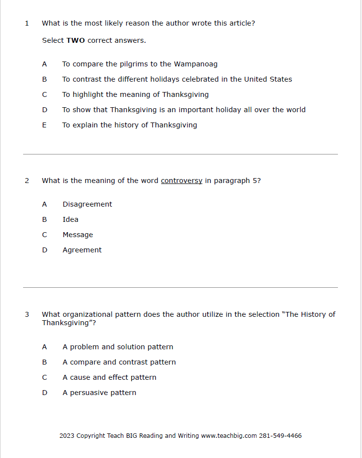 Practice Passage: Non Fiction-3Rd Grade-The History Of Thanksgiving