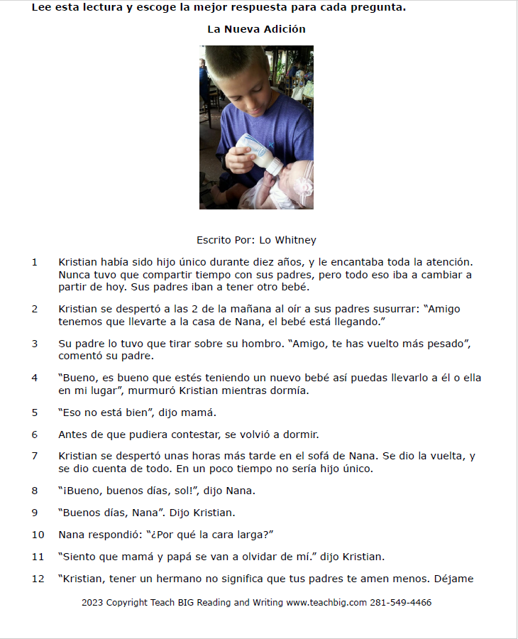 Practice Passage: Fiction – 3Rd Grade The New Addition-Spanish