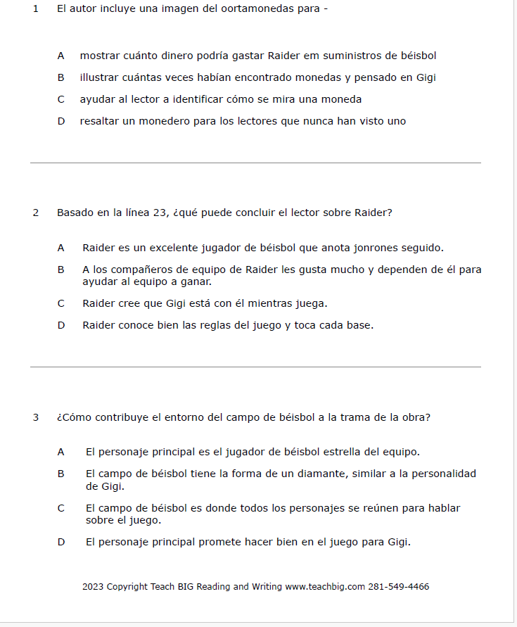 Practice Passage: Drama – 4Th Grade –The Quarter-Spanish