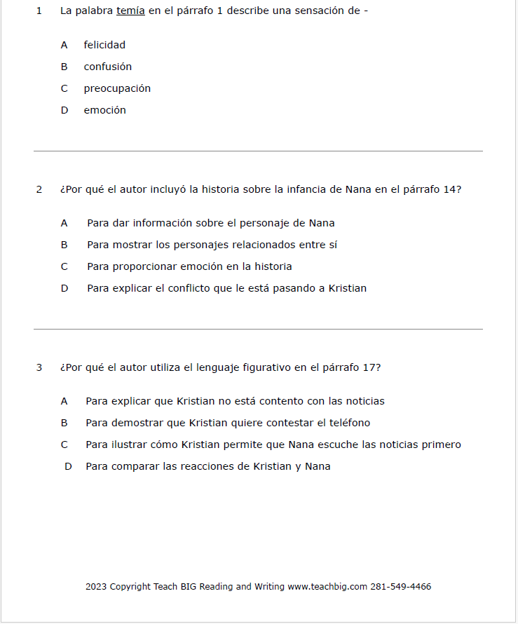 Practice Passage: Fiction – 4Th Grade The New Addition-Spanish