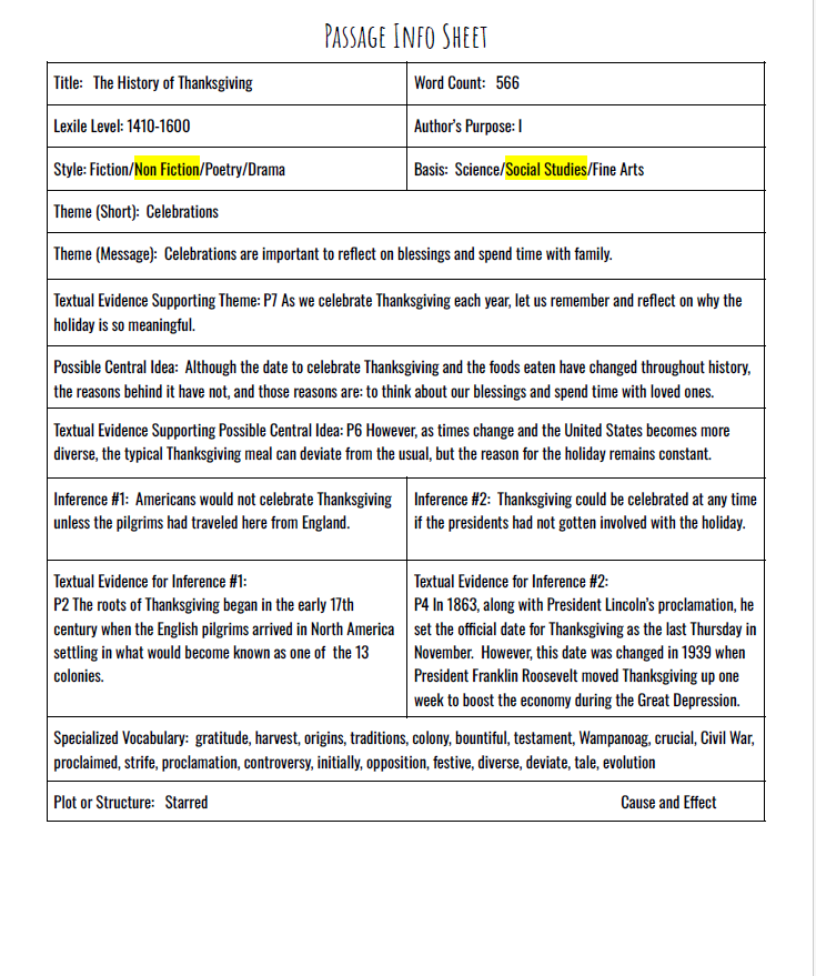 Practice Passage: Non Fiction – 4Th Grade The History Of Thanksgiving