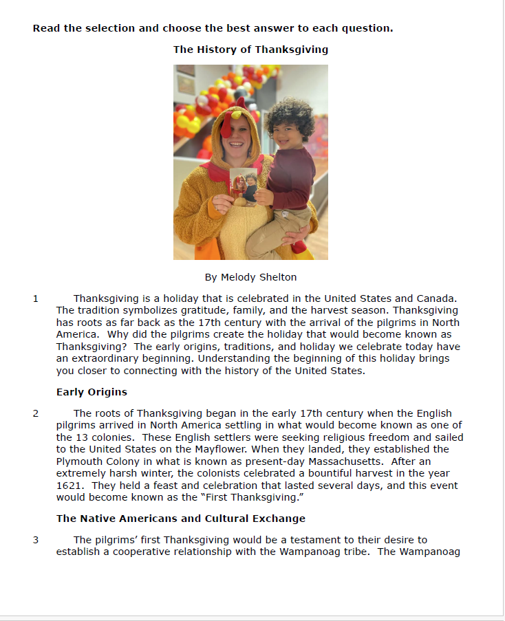 Practice Passage: Non Fiction – 4Th Grade The History Of Thanksgiving