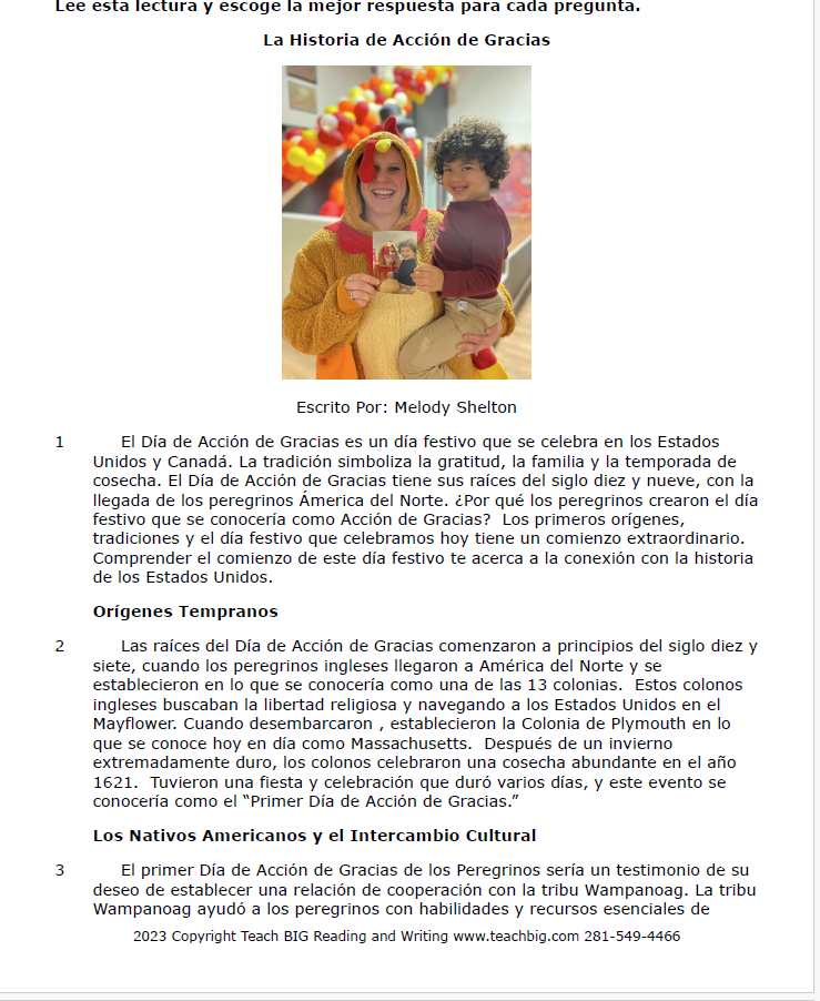 Practice Passage: Non Fiction – 4Th Grade The History Of Thanksgiving-Spanish