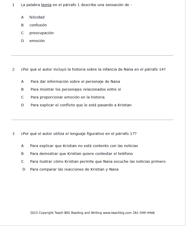 Practice Passage: Set 3 - 4Th Grade-Spanish