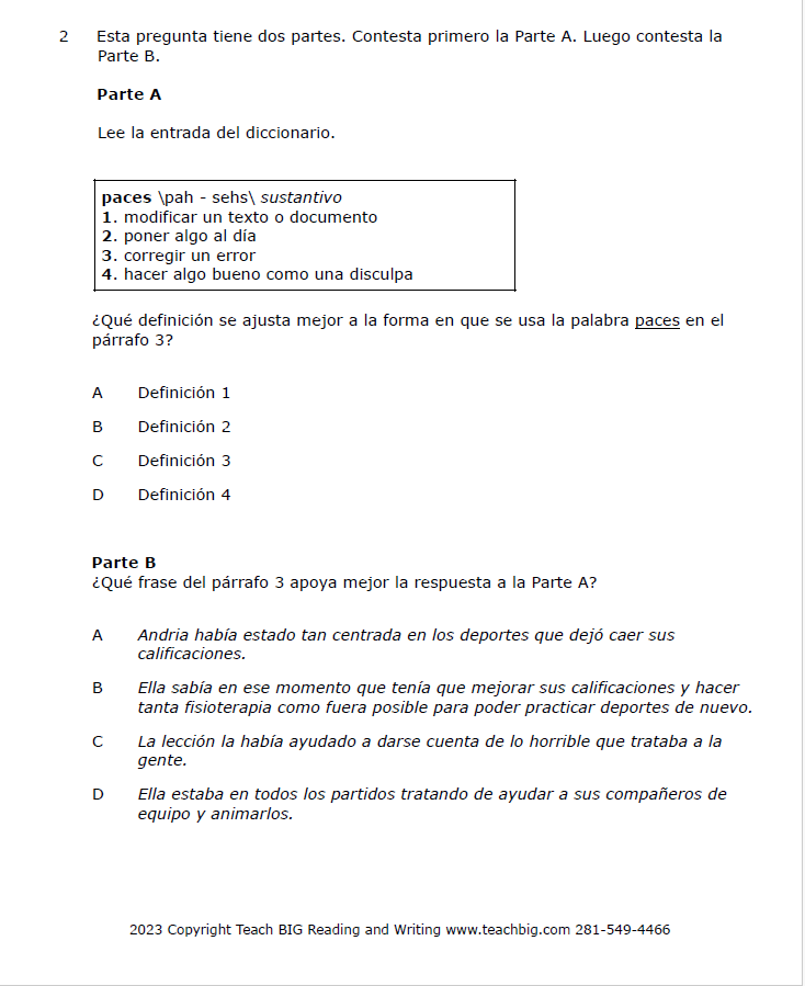 Practice Passage: Set 3 - 4Th Grade-Spanish