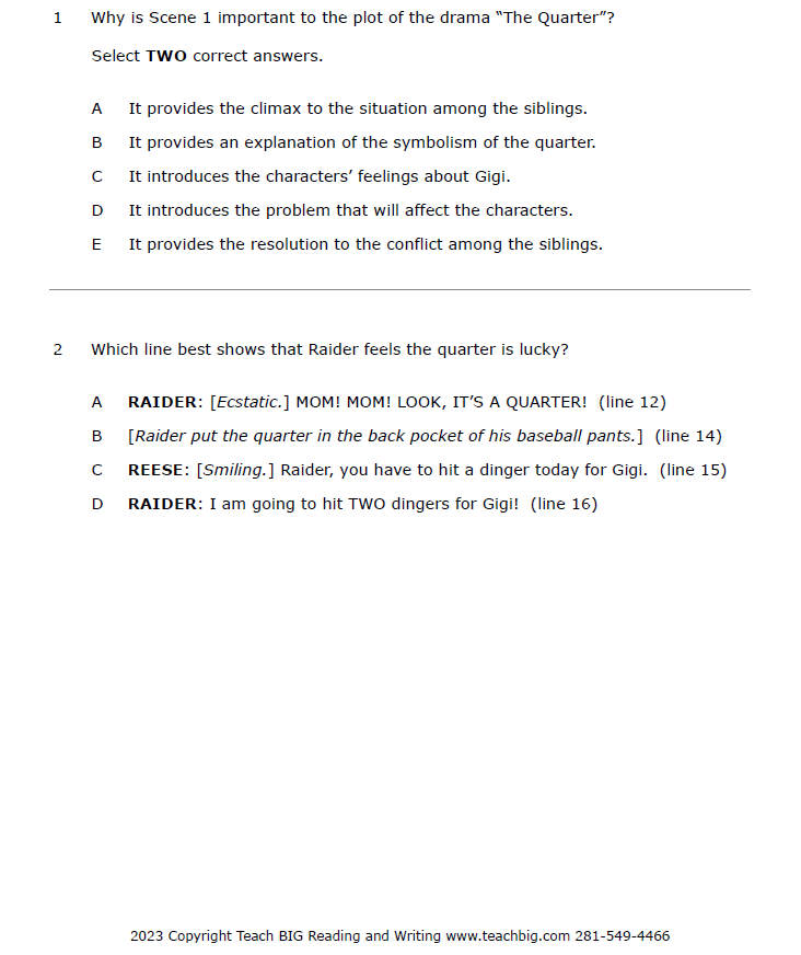 Practice Passage: Drama – 5Th Grade The Quarter