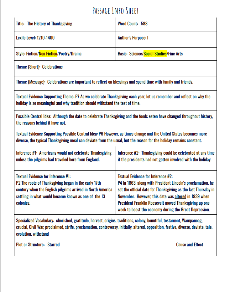 Practice Passage: Non Fiction – 5Th Grade The History Of Thanksgiving